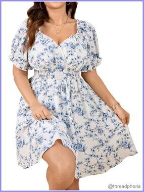 Plus Size Casual Summer Sun Dress with Puff Short Sleeves, Sweetheart Neckline,